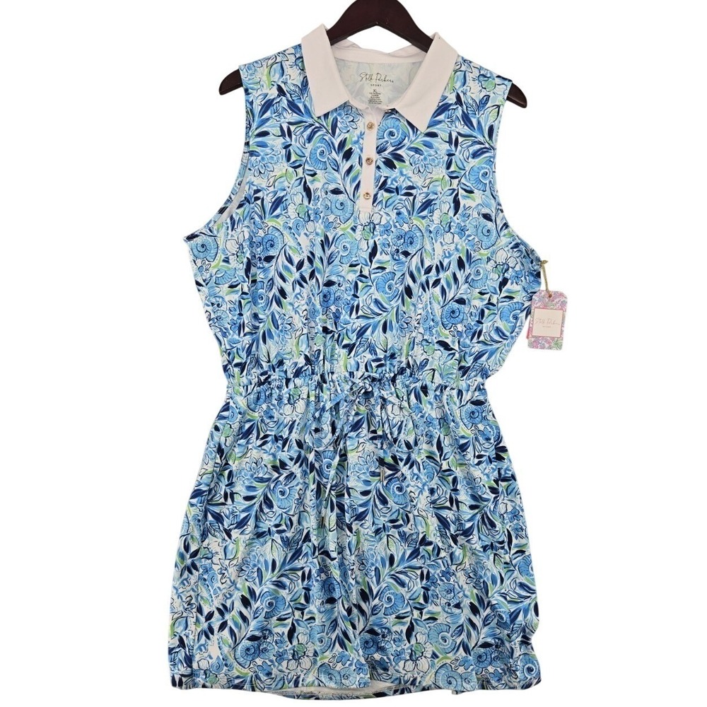 Stella Parker Sport Women's XL Blue Floral Sleeveless Polo Dress Drawstring NWT‎
